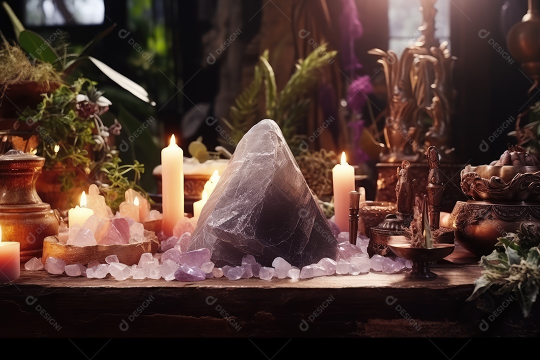 Belo altar esotérico e místico para meditação com cristais e pedras semipreciosas, Templo Zen.