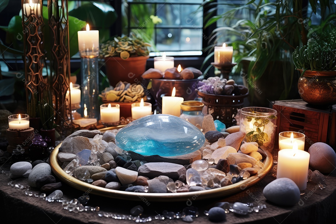 Belo altar esotérico e místico para meditação com cristais e pedras semipreciosas, Templo Zen.
