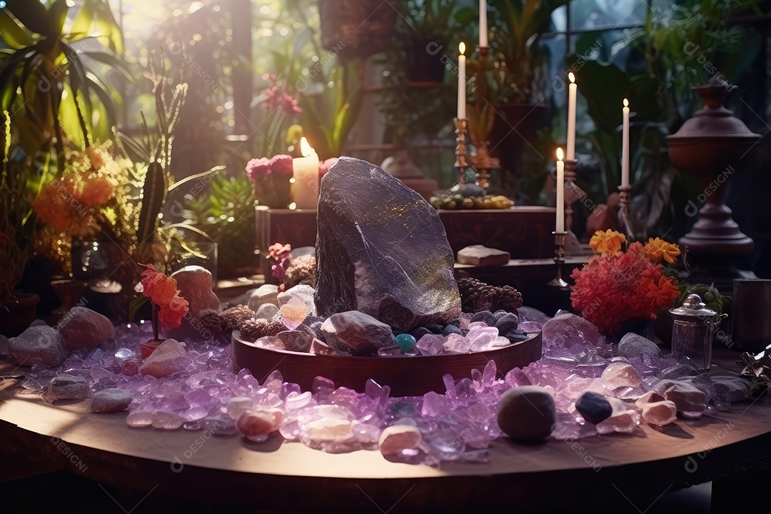 Belo altar esotérico e místico para meditação com cristais e pedras semipreciosas, Templo Zen.