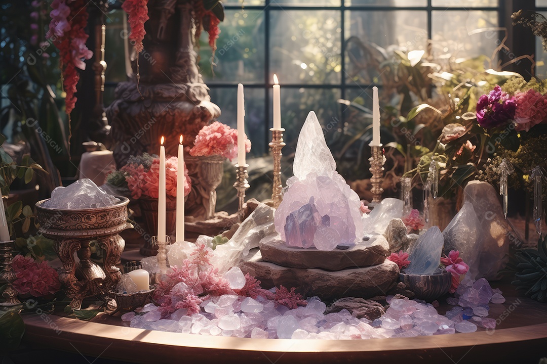 Belo altar esotérico e místico para meditação com cristais e pedras semipreciosas, Templo Zen.