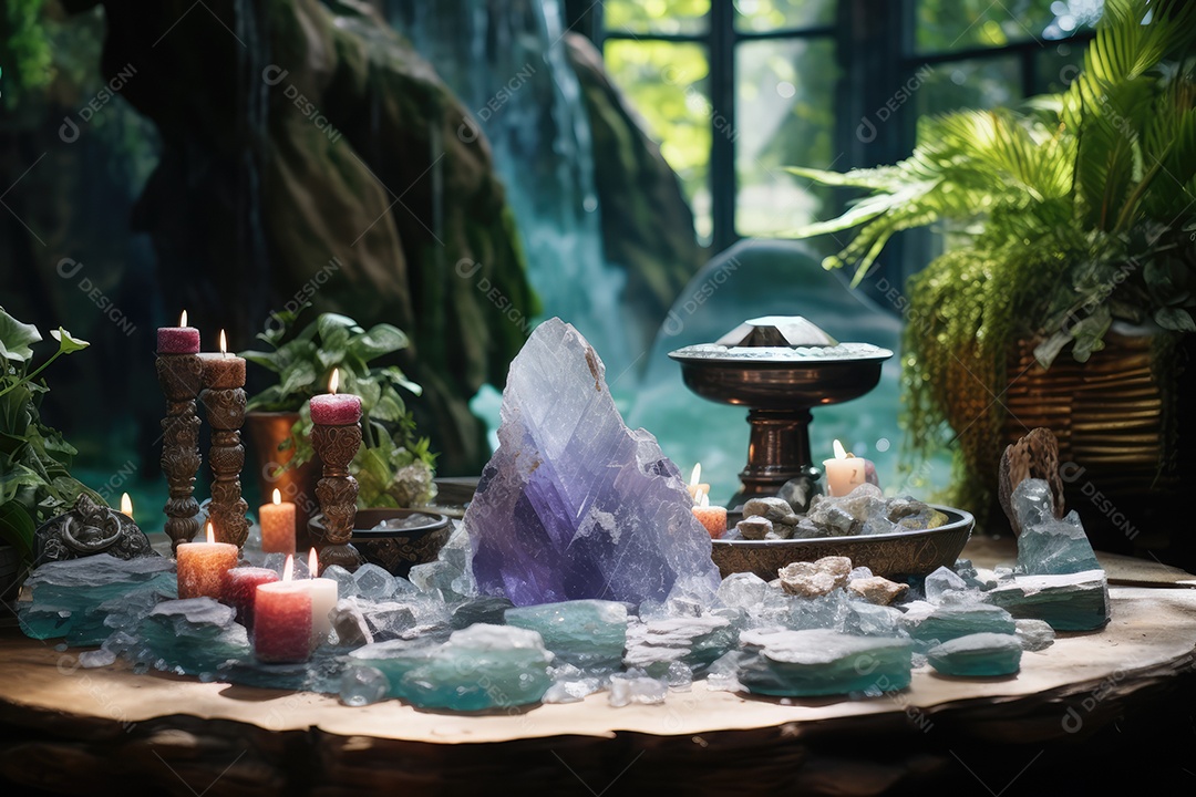 Belo altar esotérico e místico para meditação com cristais e pedras semipreciosas, Templo Zen.
