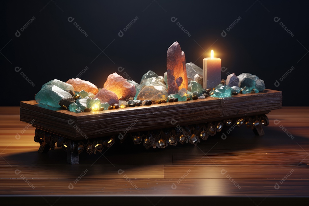 Belo altar esotérico e místico para meditação com cristais e pedras semipreciosas, Templo Zen.