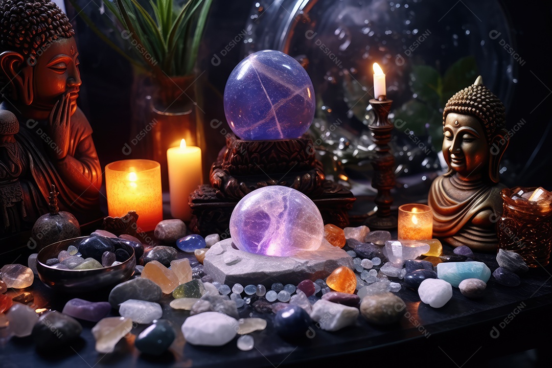 Belo altar esotérico e místico para meditação com cristais e pedras semipreciosas, Templo Zen.