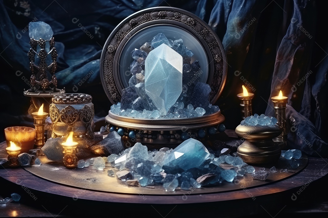 Belo altar esotérico e místico para meditação com cristais e pedras semipreciosas, Templo Zen.