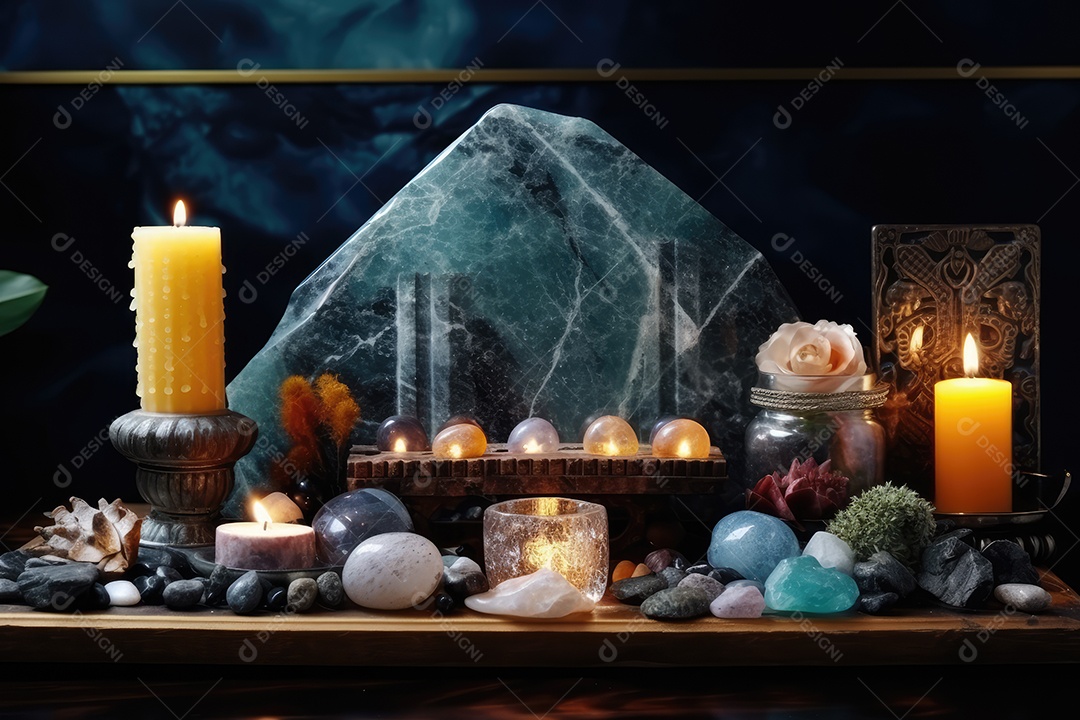 Local esotérico na floresta com Templo Zen para meditação com cristais e pedras semipreciosas.