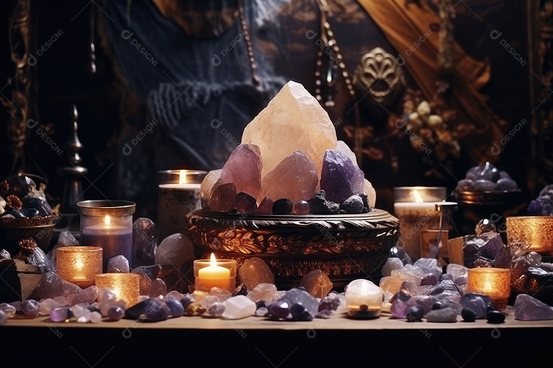 Local esotérico na floresta com Templo Zen para meditação com cristais e pedras semipreciosas.