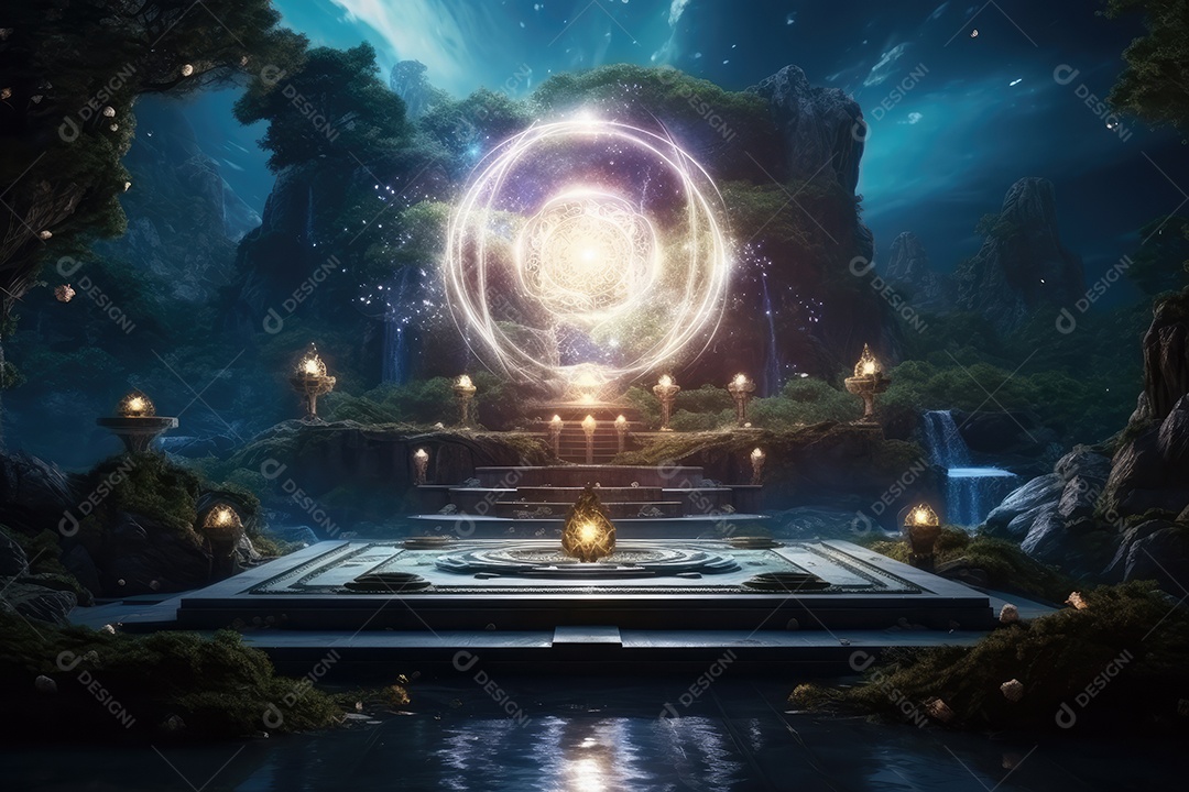 Local esotérico na floresta com Templo Zen para meditação com cristais e pedras semipreciosas.