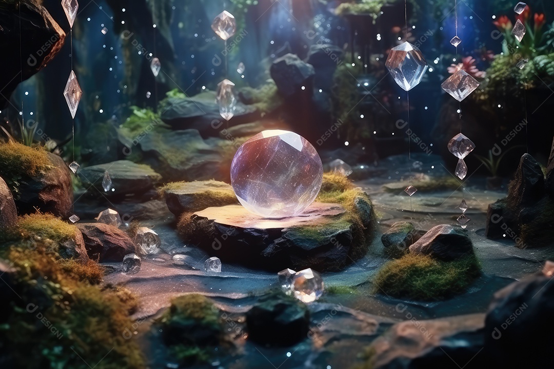 Local esotérico na floresta com Templo Zen para meditação com cristais e pedras semipreciosas.