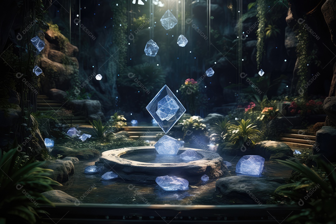 Local esotérico na floresta com Templo Zen para meditação com cristais e pedras semipreciosas.