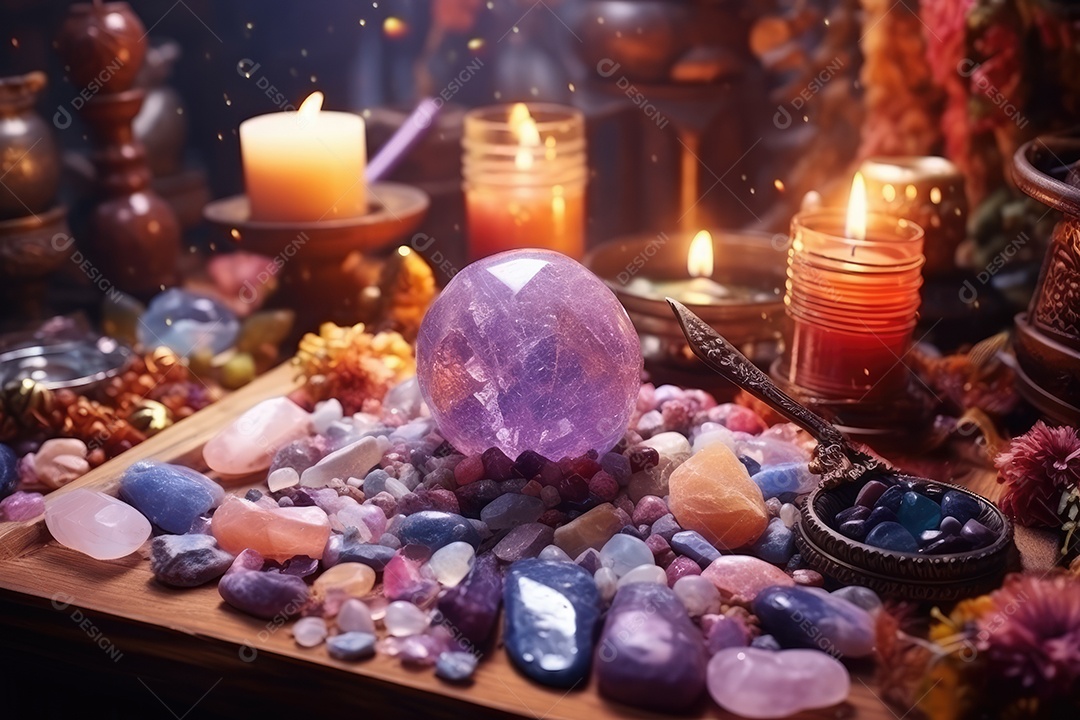 Belo altar esotérico e místico para meditação com cristais e pedras semipreciosas, Templo Zen.
