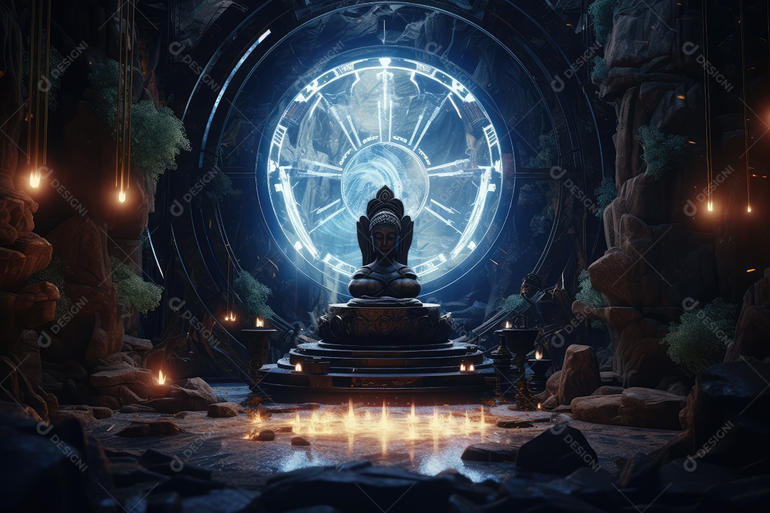 Belo altar esotérico e místico para meditação com cristais e pedras semipreciosas, Templo Zen.