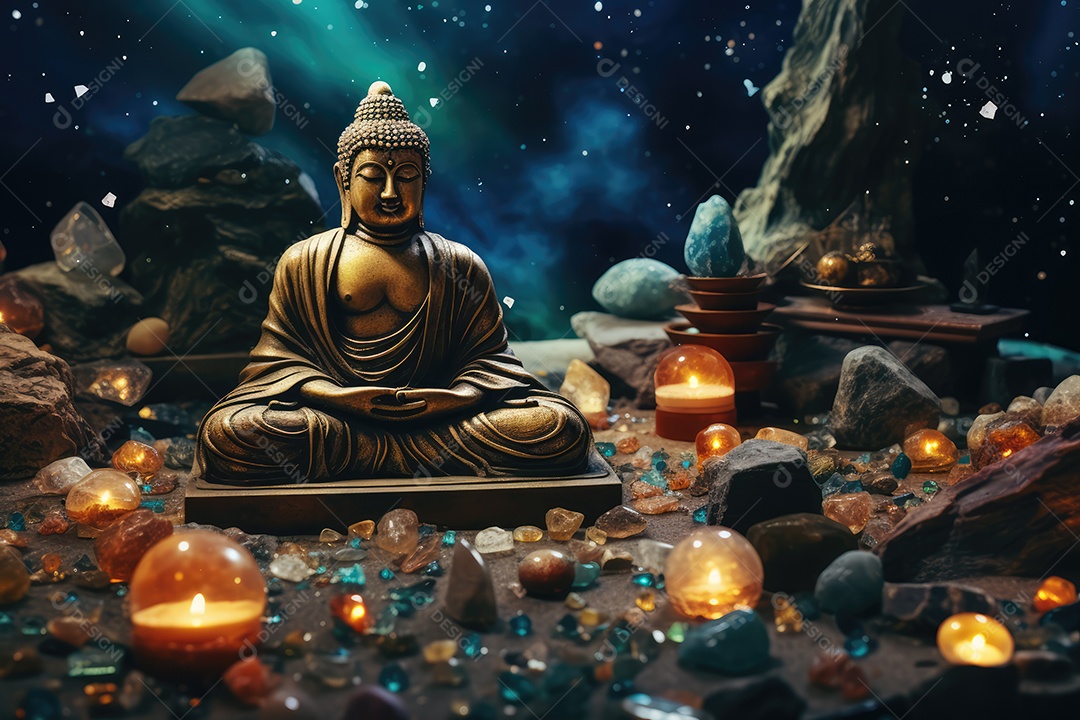 Belo altar esotérico e místico para meditação com cristais e pedras semipreciosas, Templo Zen.