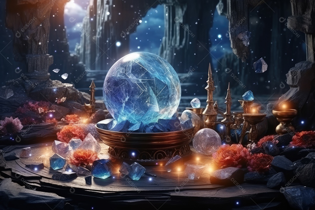 Belo altar esotérico e místico para meditação com cristais e pedras semipreciosas, Templo Zen.