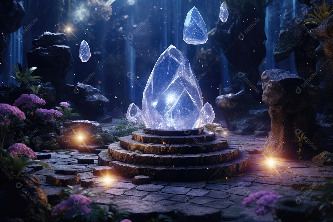 Belo altar esotérico e místico para meditação com cristais e pedras semipreciosas, Templo Zen.