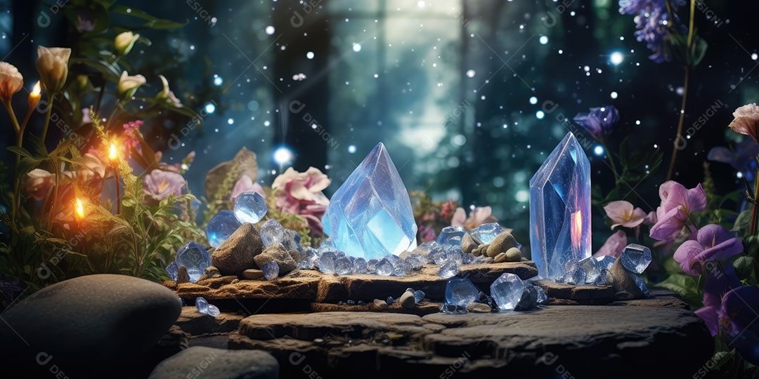 Belo altar esotérico e místico para meditação com cristais e pedras semipreciosas, Templo Zen.