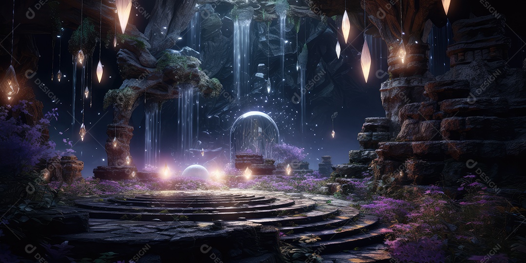 Local esotérico na floresta com Templo Zen para meditação com cristais e pedras semipreciosas.