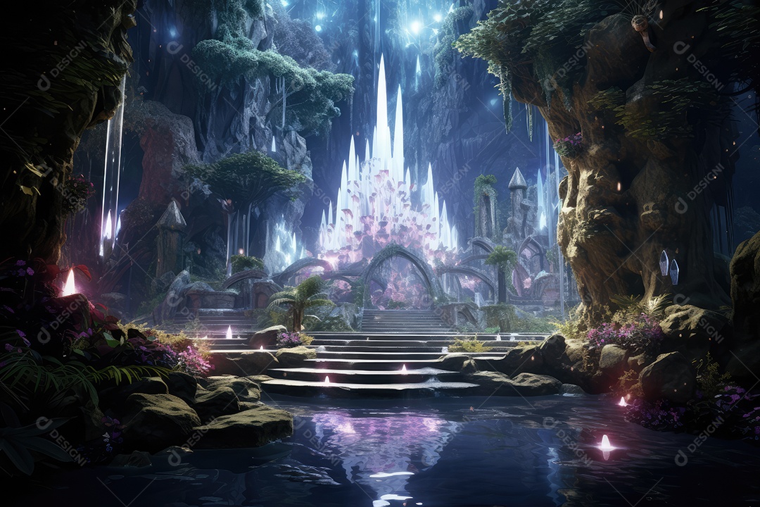 Local esotérico na floresta com Templo Zen para meditação com cristais e pedras semipreciosas.