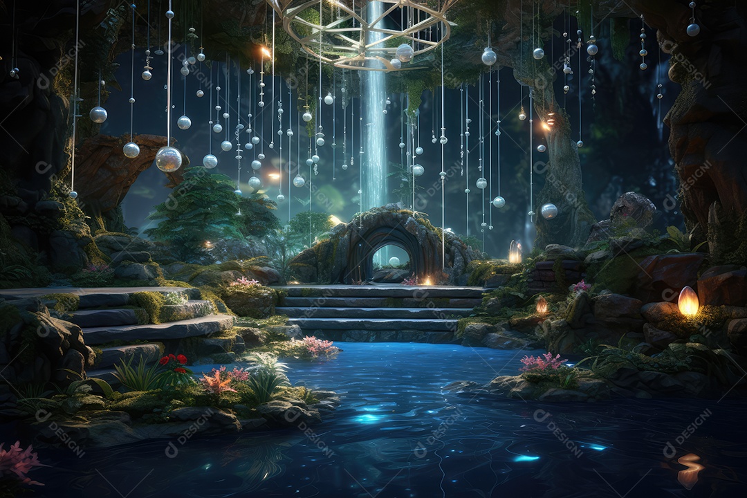 Local esotérico na floresta com Templo Zen para meditação com cristais e pedras semipreciosas.