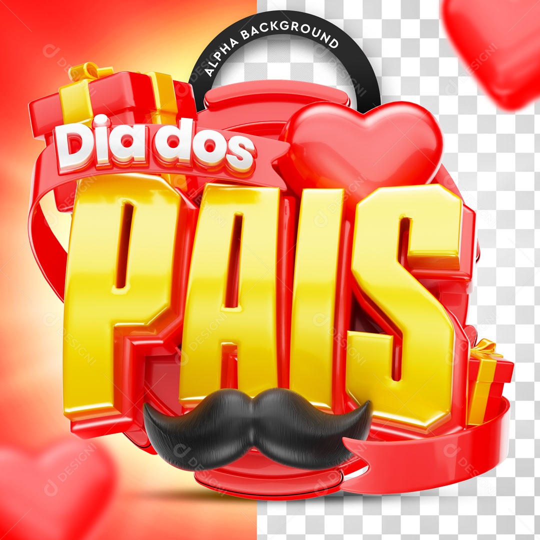 Selo 3D Dia Dos Pais Coração Vermelho Bigode Para Composição PSD