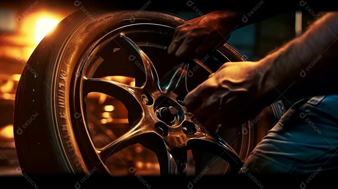 Mecânico trocando pneu do carro