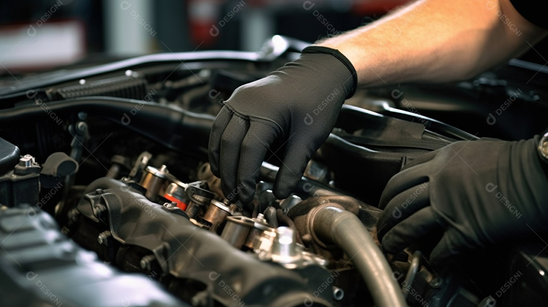 Mecânico arrumando motor do carro na oficina