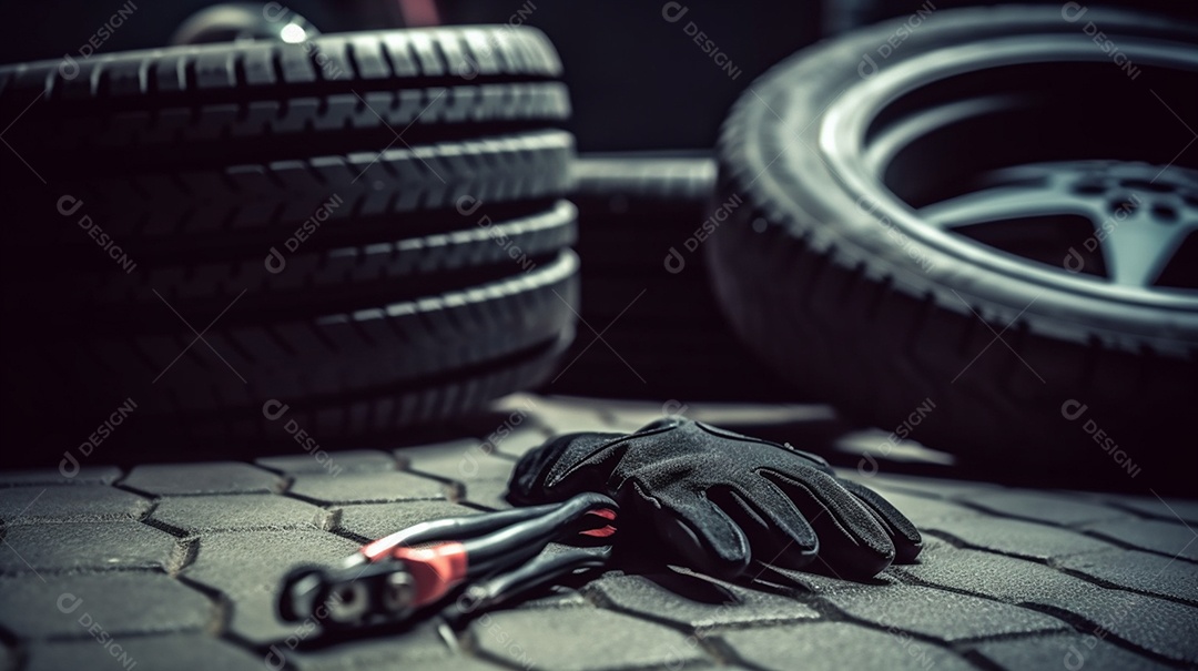 Detalhe dos pneus da oficina