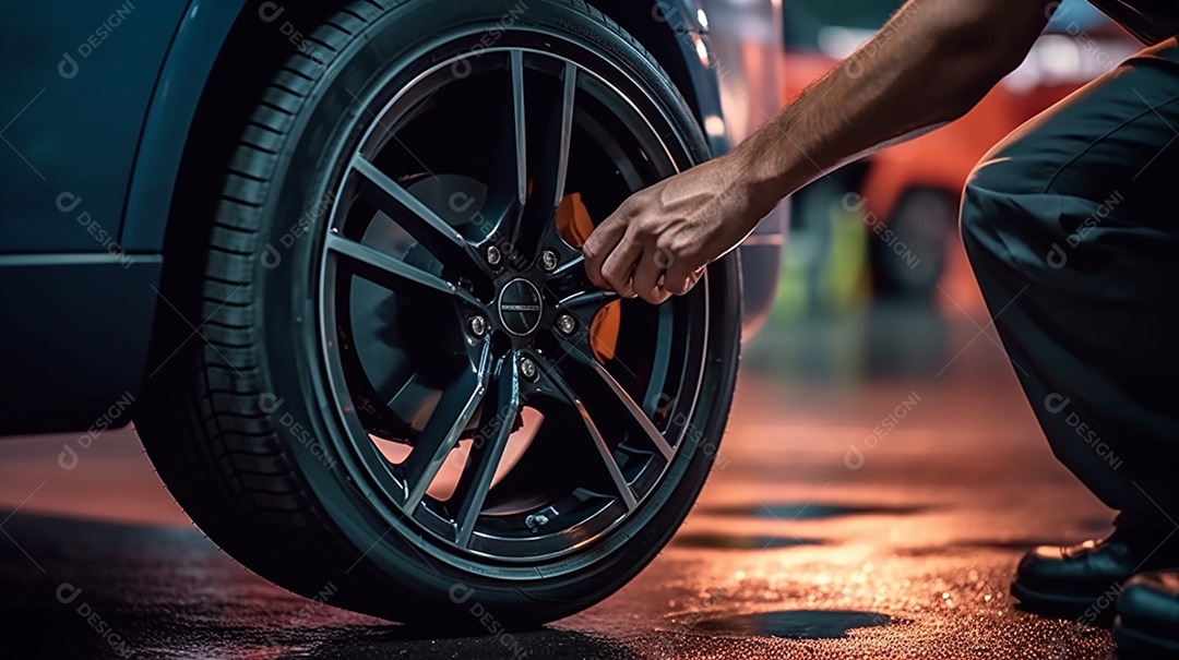 Mecânico trocando roda do carro na oficina
