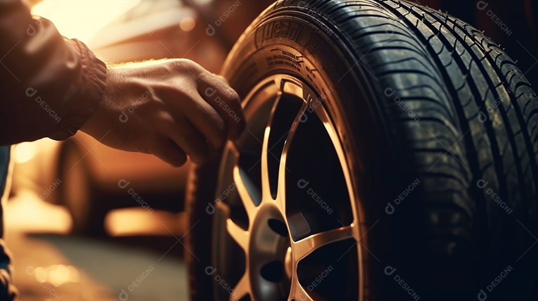 Mecânico trocando roda do carro na oficina