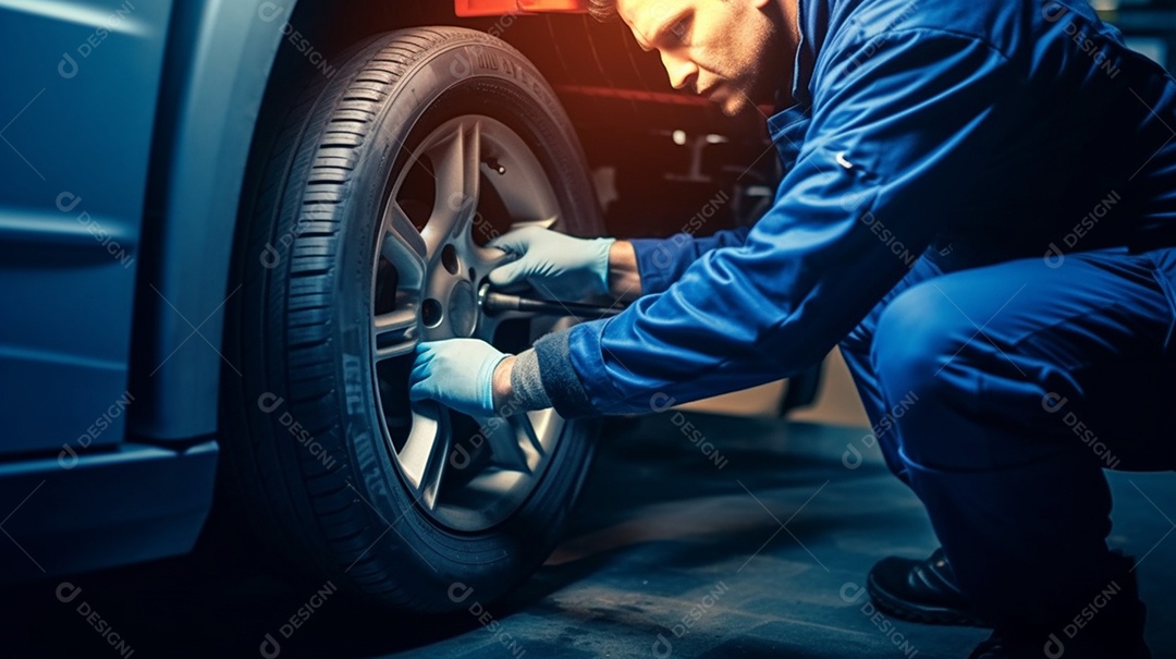 Mecânico trocando roda do carro na oficina