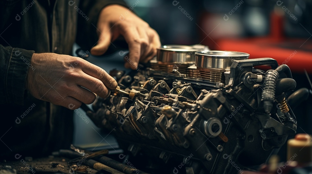 Mecânico consertando motor do carro na oficina