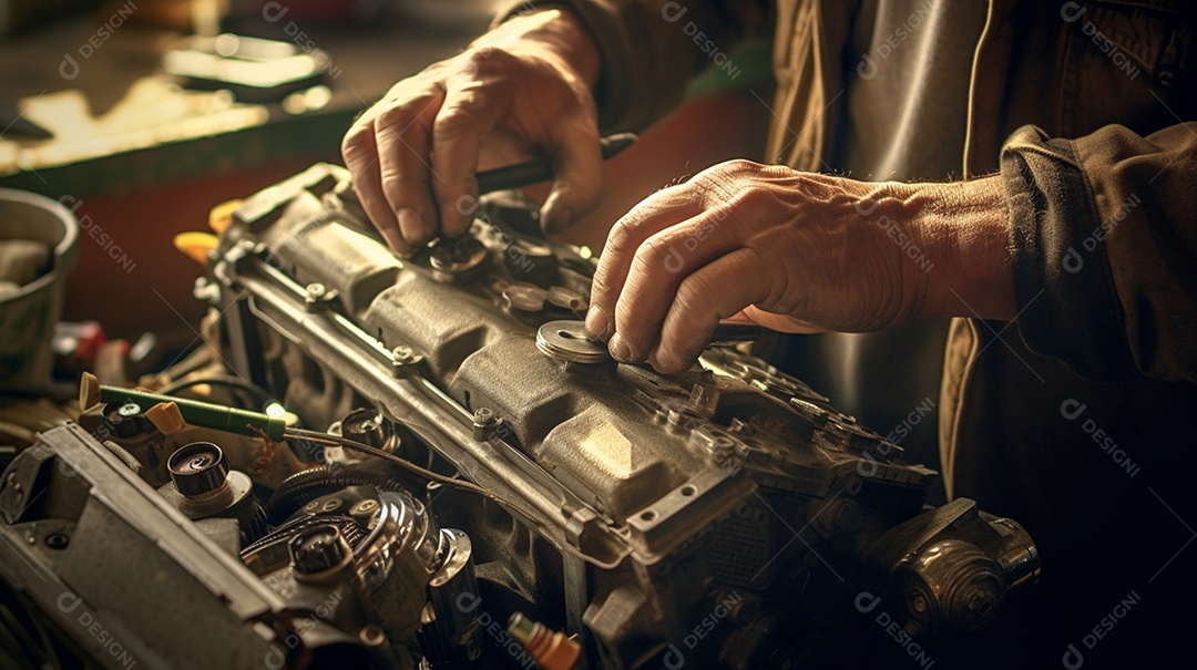 Mecânico consertando motor do carro