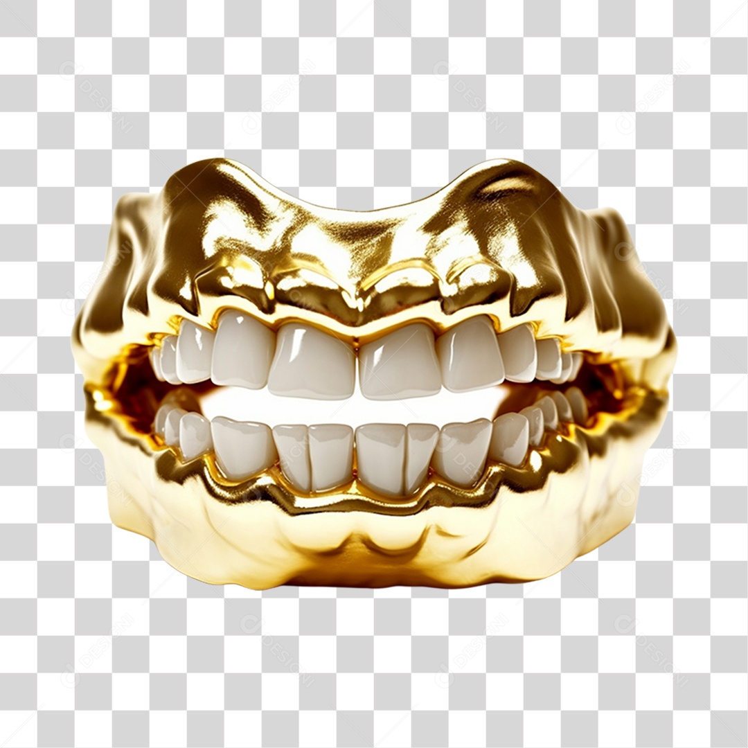 Elemento 3D Dentadura Dourada para Composição PNG Transparente