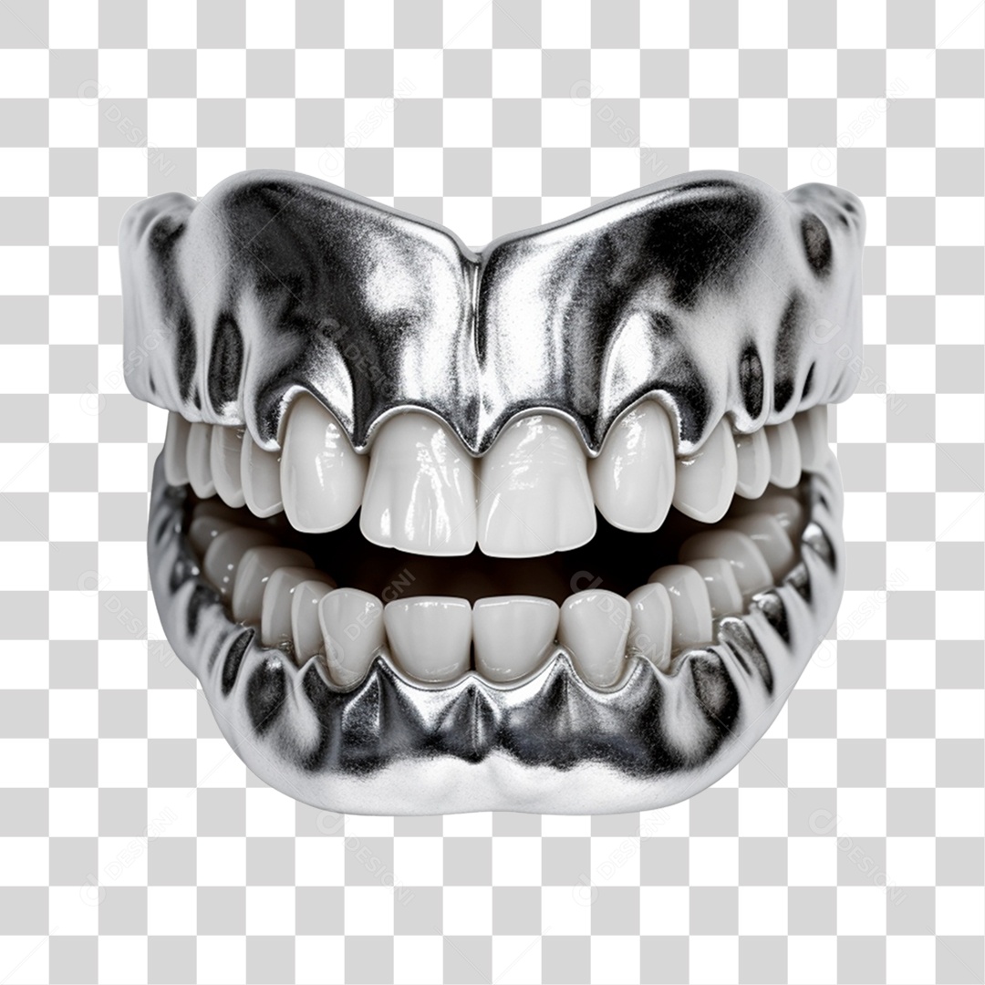 Elemento 3D Dentadura Prateada Para Composição PNG Transparente