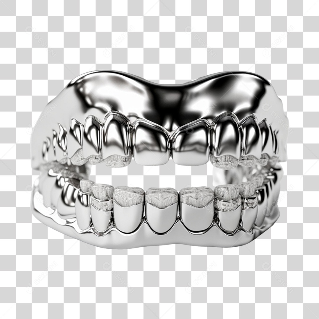 Elemento 3D Dentadura Prateada Para Composição PNG Transparente