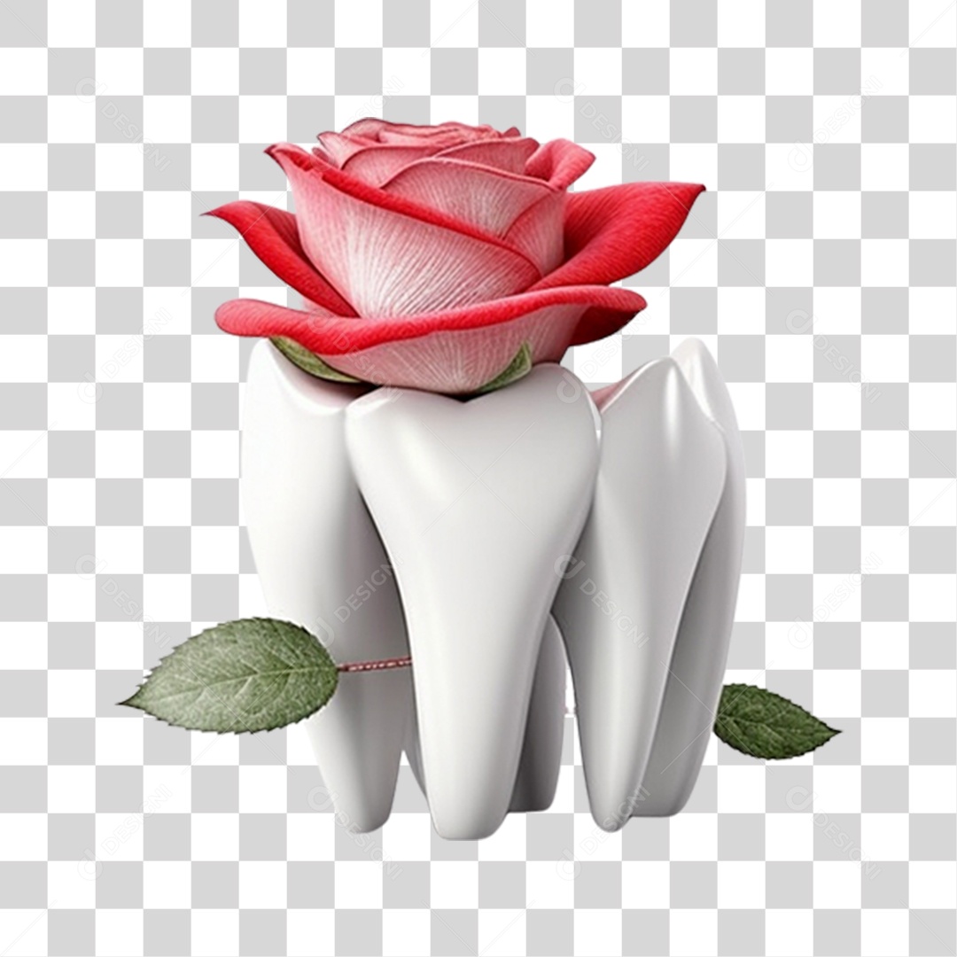 Elemento 3D Dente com uma Flor Para Composição PNG Transparente
