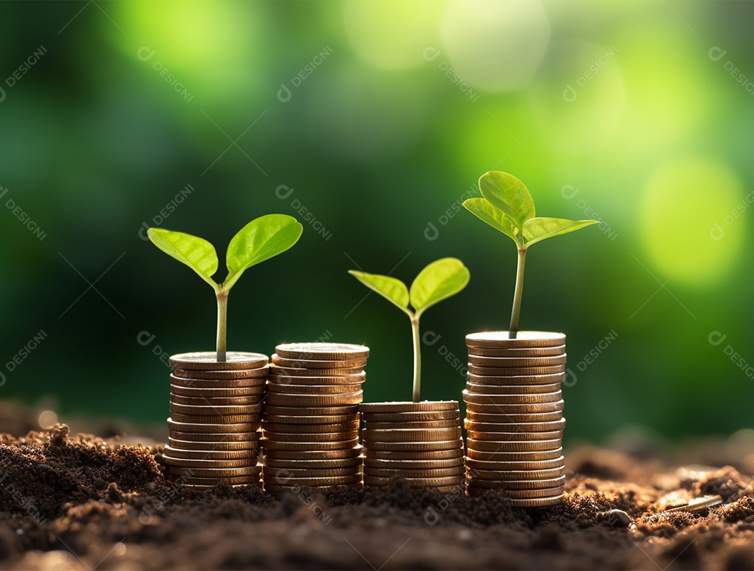 Mudas crescendo sobre pilhas de moedas.