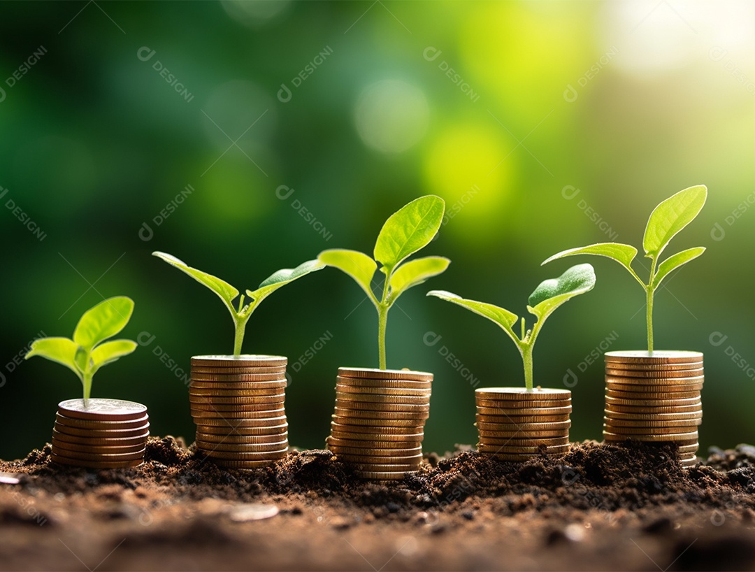 Mudas crescendo sobre pilhas de moedas.