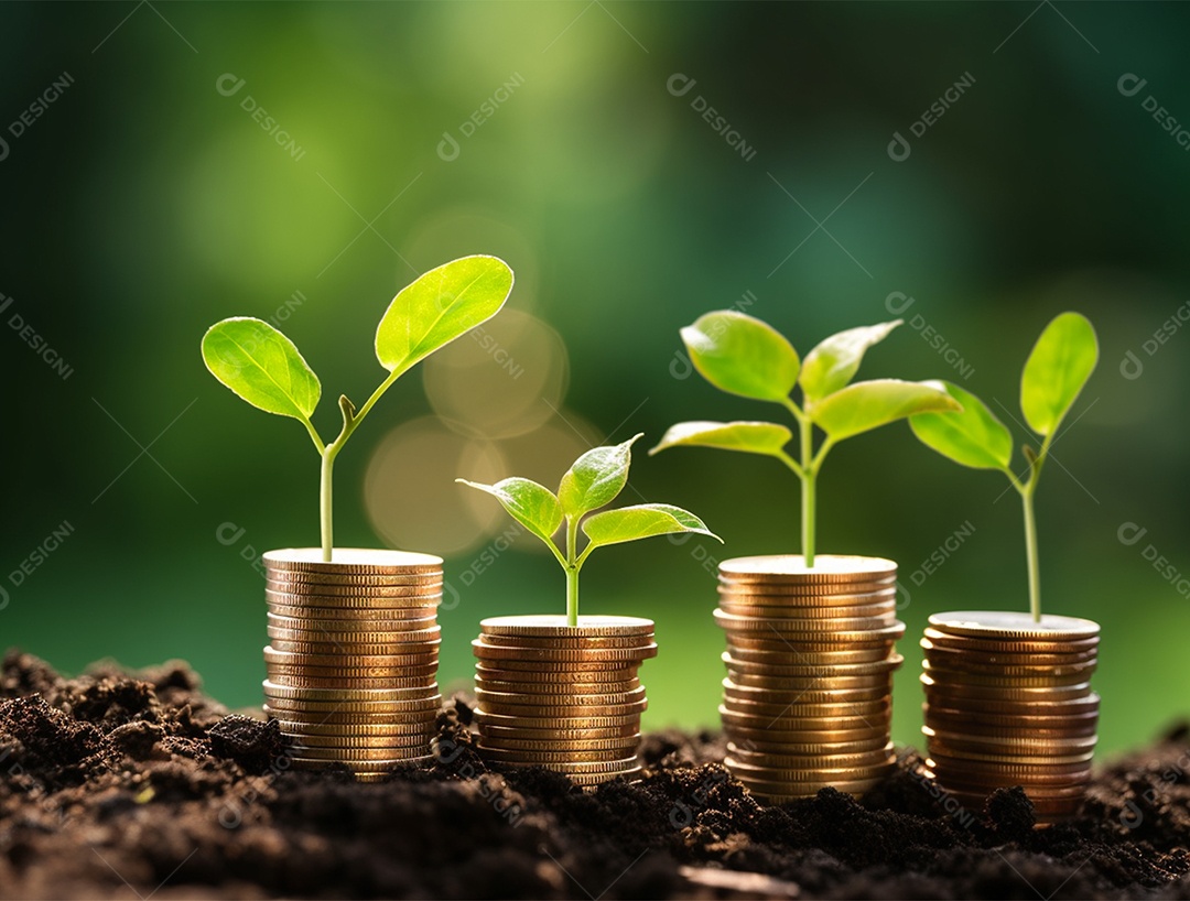 Mudas crescendo sobre pilhas de moedas.