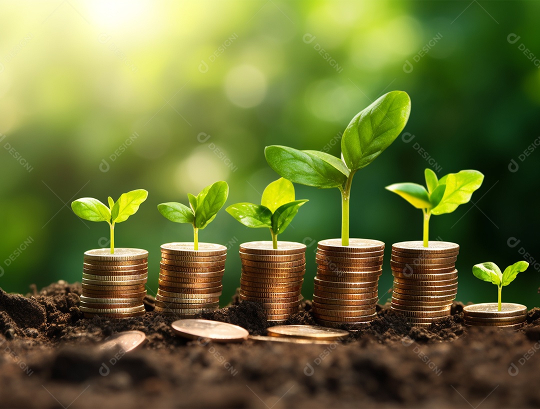 Mudas crescendo sobre pilhas de moedas.