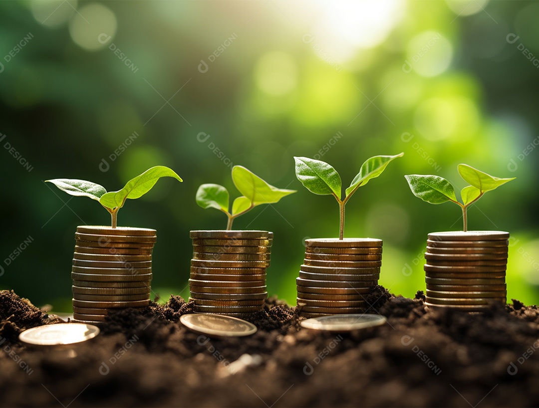 Mudas crescendo sobre pilhas de moedas.