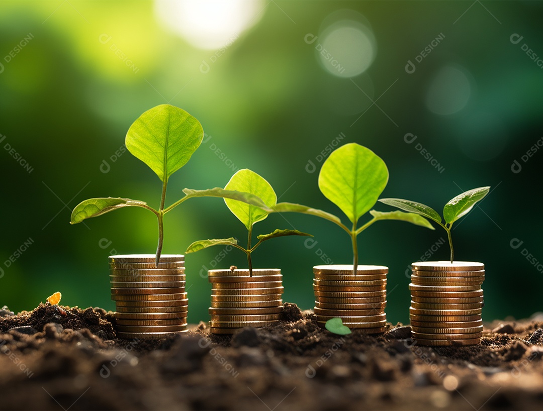 Mudas crescendo sobre pilhas de moedas.