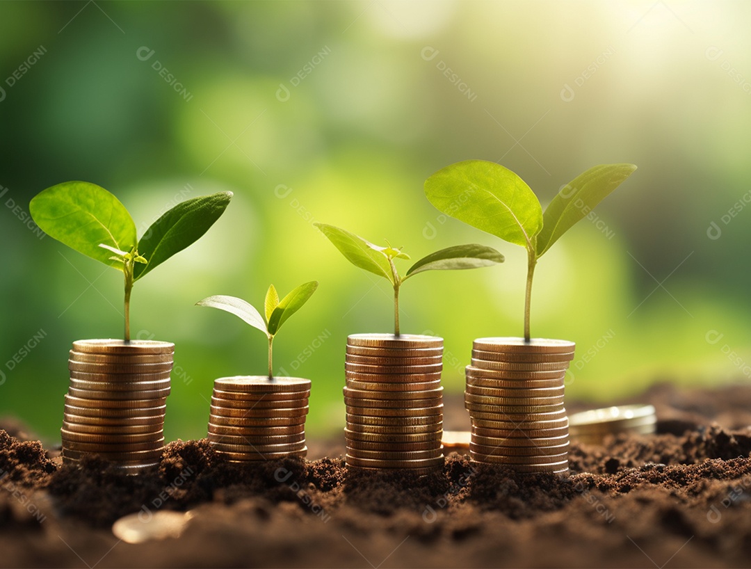 Mudas crescendo sobre pilhas de moedas.