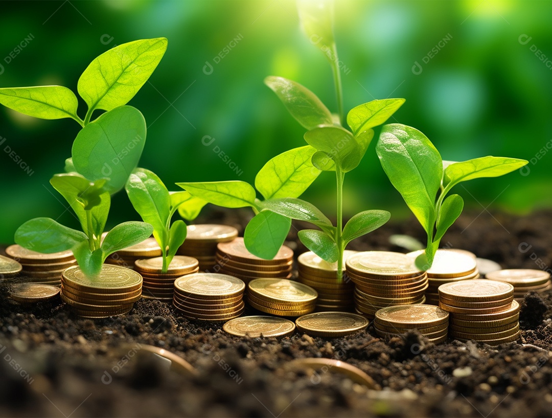 Mudas crescendo sobre pilhas de moedas.