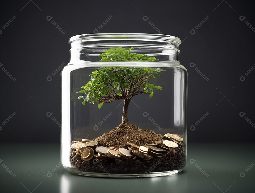 Moedas e bonsai dentro de um Frasco de vidro.
