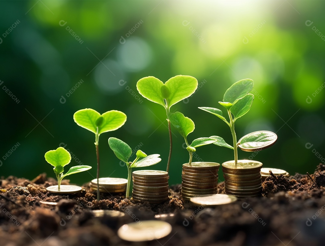 Moedas e bonsai dentro de um Frasco de vidro.