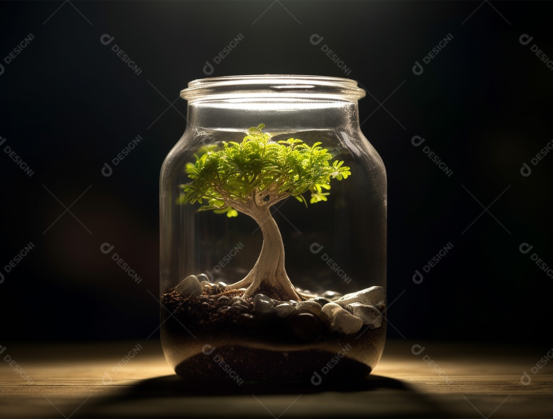 Moedas e bonsai dentro de um Frasco de vidro.