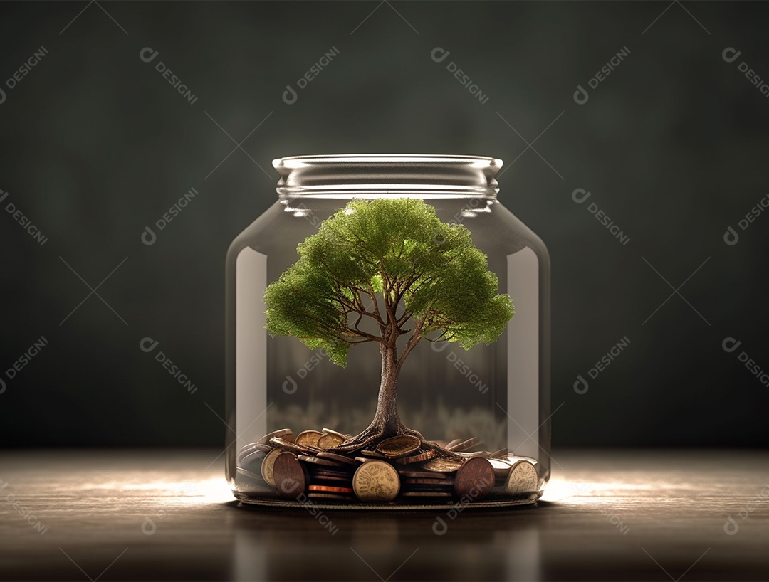 Moedas e bonsai dentro de um Frasco de vidro.