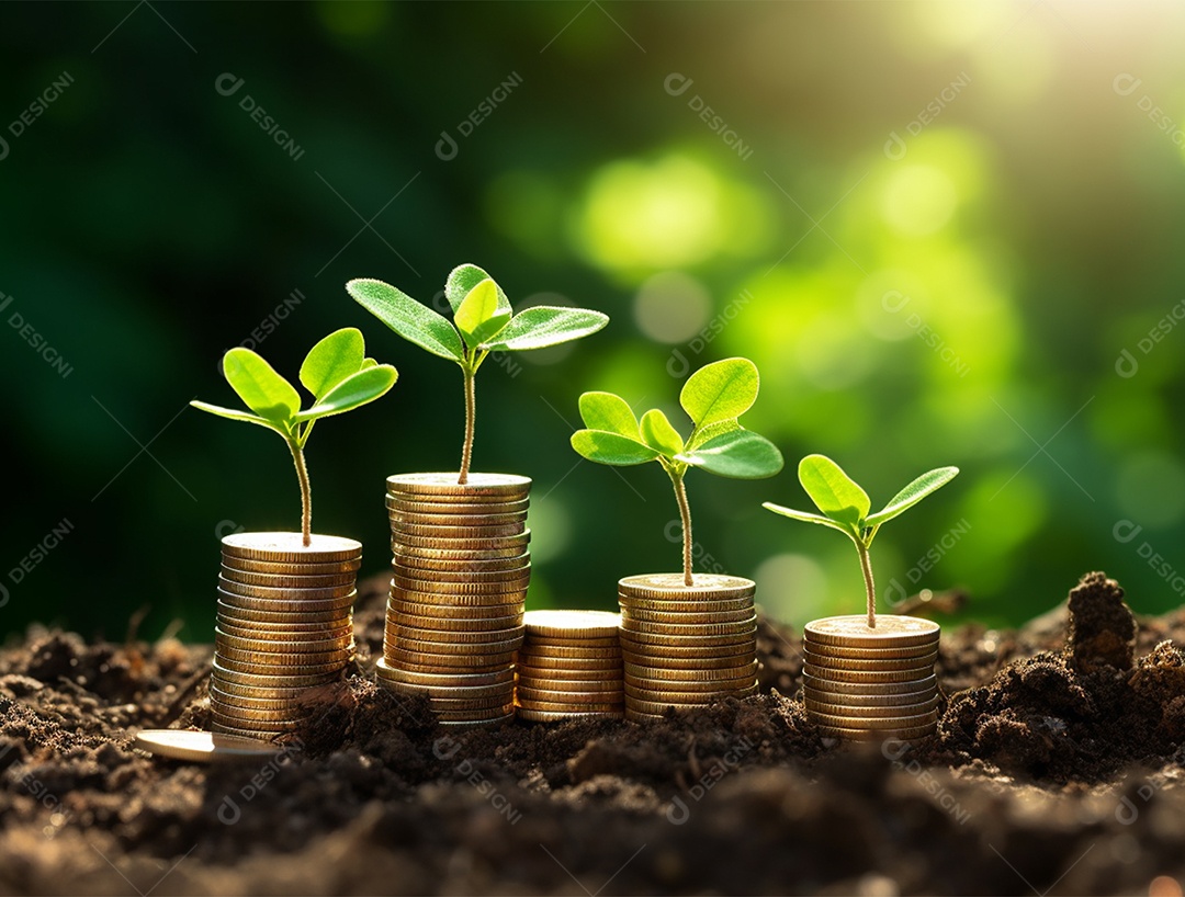 Mudas crescendo sobre pilhas de moedas.