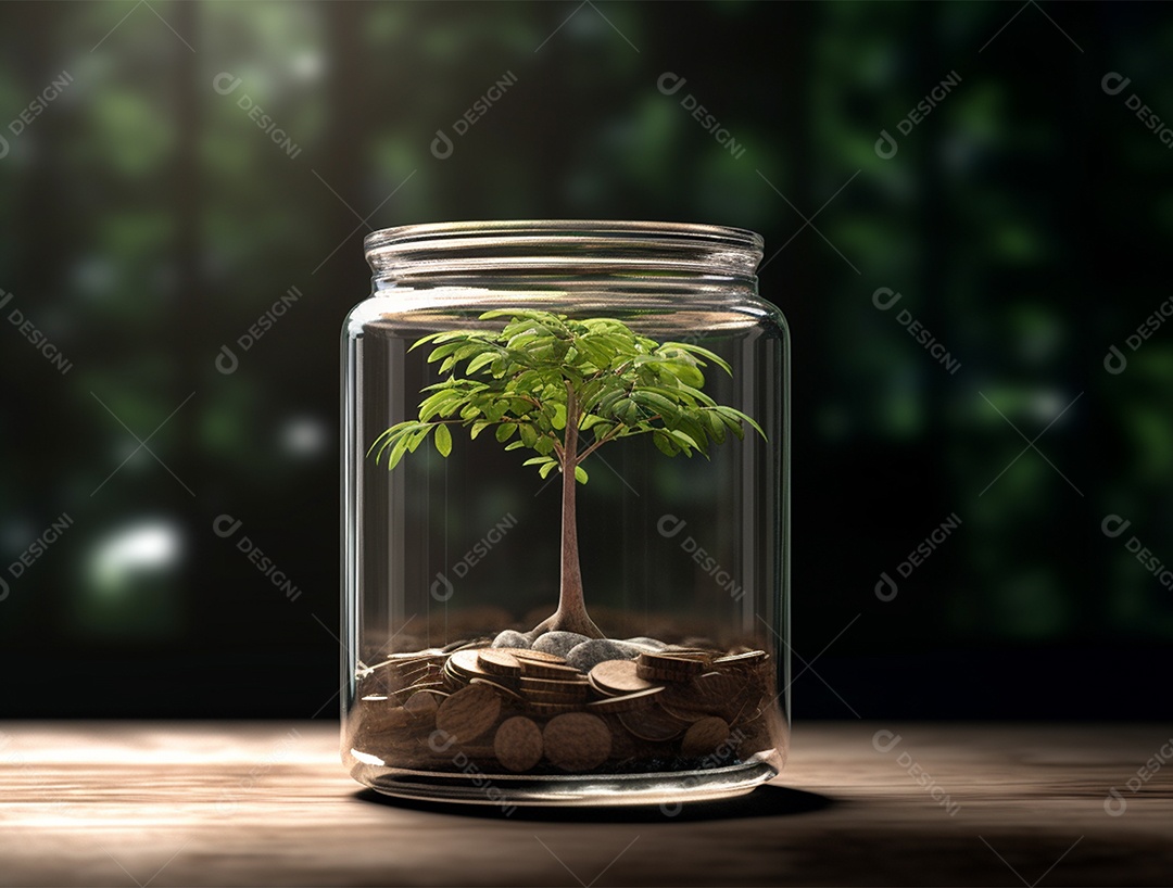 Moedas e bonsai dentro de um Frasco de vidro.