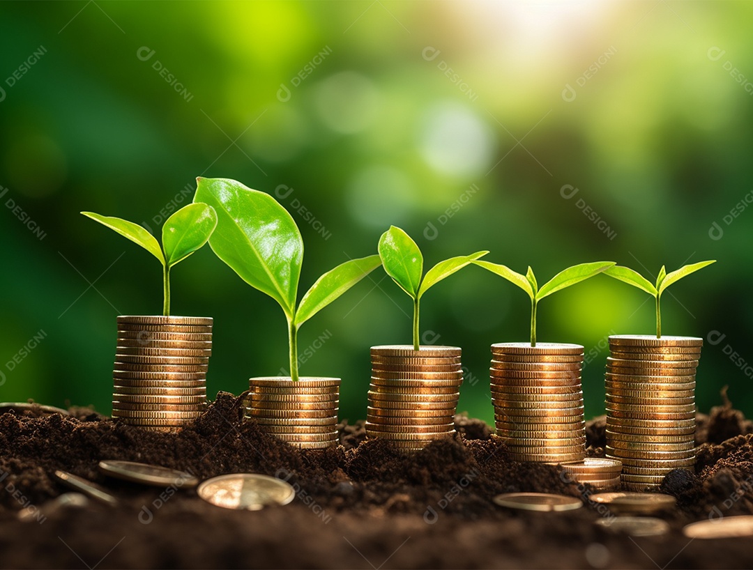 Mudas crescendo sobre pilhas de moedas.